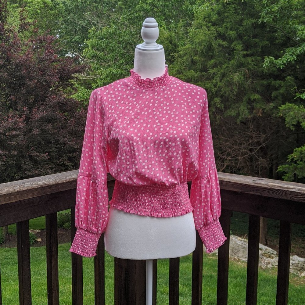 NWT Pink Polka Dot Shirred High Neckline Blouse